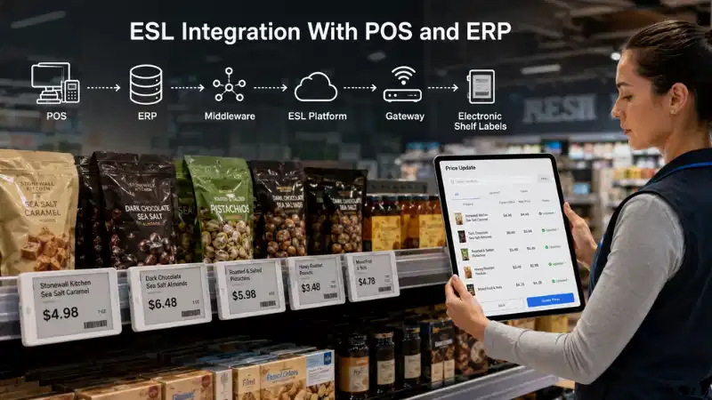 Elektronisk hyldelabelintegration med POS og ERP: API'er, datakortlægning, fejlhåndtering og roll...